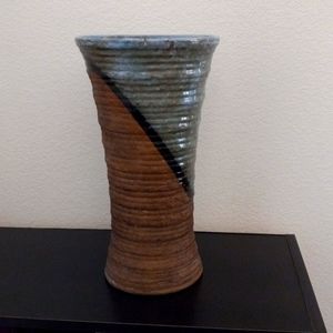 Ceramic vase. Beige, brown, blue. 14" tall.